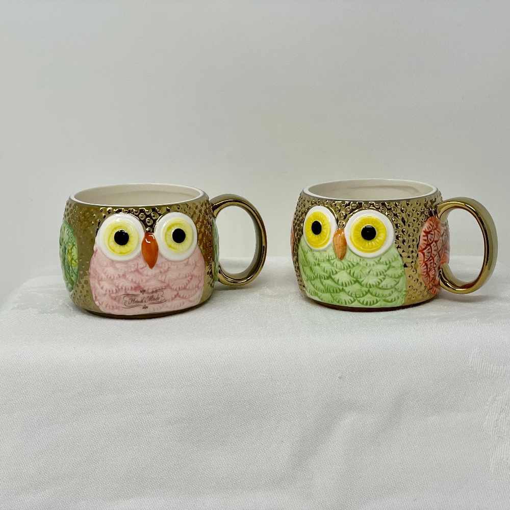 Royal 2 Coffee Owl SetTea Cup Mugs 3D Hand Made Gold with Pink Yellow Green Cute